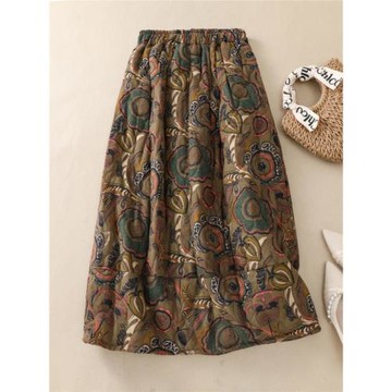 2023秋冬復古文藝冬季棉麻夾棉半身裙加厚印花保暖棉裙中長款女裙