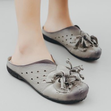 原創手工真皮包頭軟底休閑女鞋平底舒適涼拖鞋民族風花朵復古女鞋