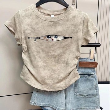 台灣出貨 美式純棉辣妹裝短袖T恤女收腰短款扎染設計夏季百搭學生上衣 短t 短版t恤女 韓T 女上衣 短袖上衣