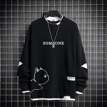 2022春秋季新款假兩件衛衣男士潮流上衣外套寬松圓領春款長袖t恤