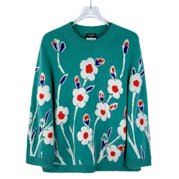 (M) chanel質感花卉圓領綠色長袖上衣