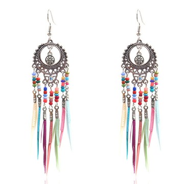 【RJNewYork】彩虹捕夢網波西米亞串珠羽毛流蘇耳環(2色可選)