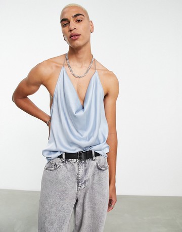 ASOS DESIGN vest in blue satin with cowl neck and chain strap