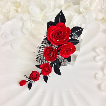 玫瑰髮梳 真絲發飾 紅玫瑰