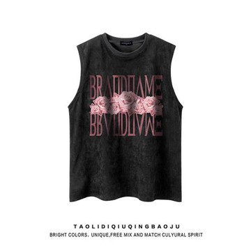 逃離地球美式潮牌玫瑰印花無袖T恤女復古寬松百搭情侶麂皮絨背心