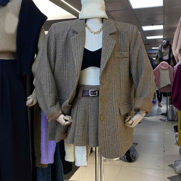 韓版冬裝西裝領雙口袋格紋呢子外套高腰百褶半身裙時尚兩件套裝女
