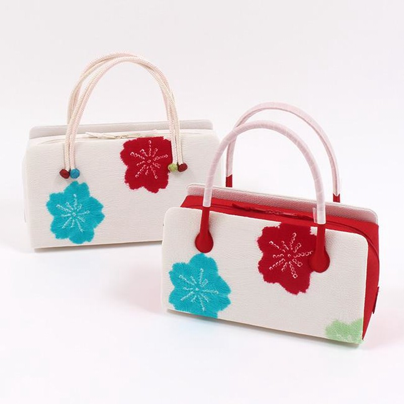 利休バッグ 和装バッグ 和装小物 縮緬 ちりめん 桜 手刺繍 中古