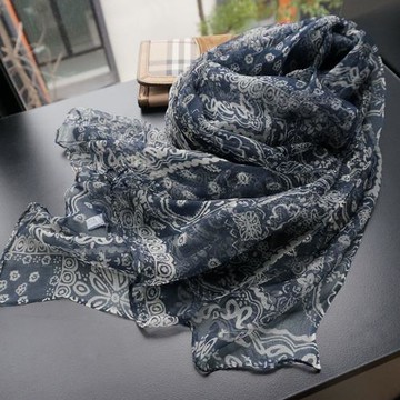 藍色青花瓷超薄款絲巾女混紡紗巾媽媽春秋冬季長款真絲圍巾百搭