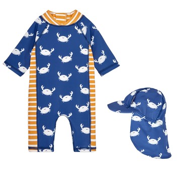 英國 JoJo Maman BeBe - 連身式泳裝+防曬護頸遮陽帽-小白蟹_JJL2015+白螃蟹_JJL2754