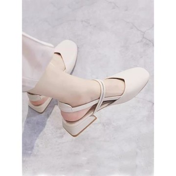 真皮包頭涼鞋女2024夏新款粗跟半包女鞋外穿3CM粗跟配裙子小碼33