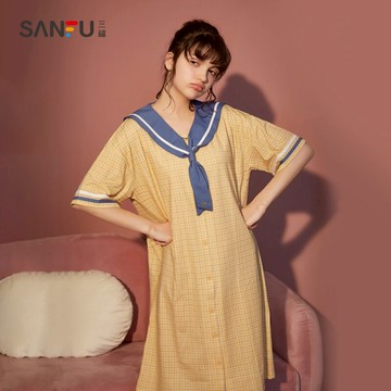 三福女夏季可愛打結長領家居服 日系少女心格子睡裙女437726
