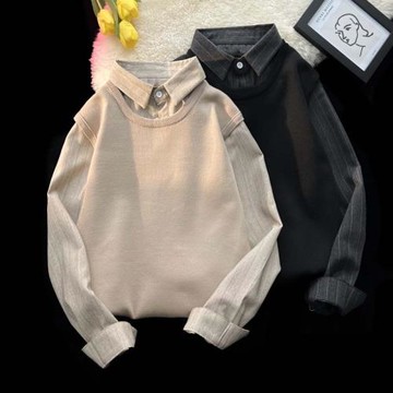 輕熟風修身假兩件針織衫毛衣男士休閑寬松毛衫拼接襯衫領上衣外套