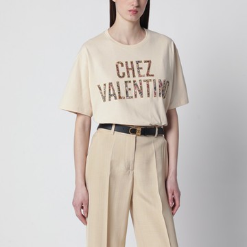 Ivory cotton T-shirt with Chez Valentino floral motif