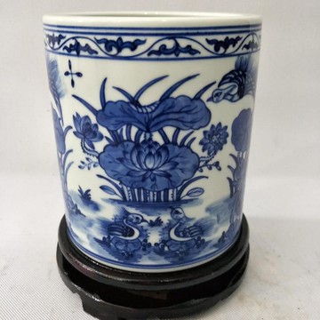 清乾隆青花荷花鴛鴦筆筒 精品手繪家居文房擺件瓷器 古董古玩收藏1入