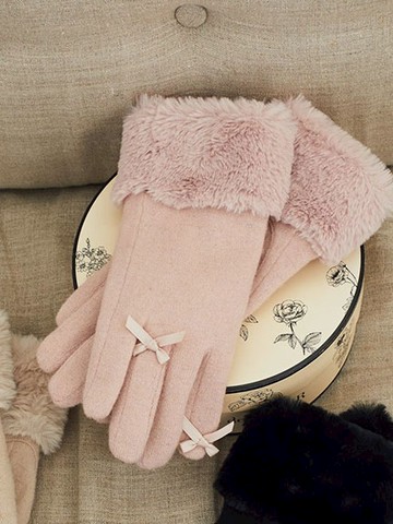 毛絨感蝴蝶結緞帶保暖手套(8A43FKJ0200) - Maison de FLEUR