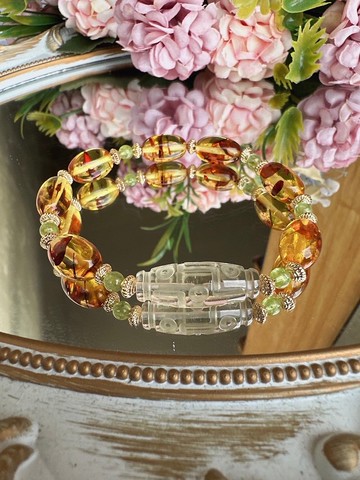 心忱- 花珀 利比亞黃金隕石 橄欖石 手環