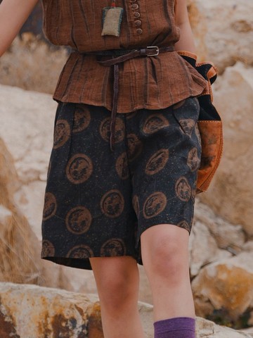 星球 印花真絲香雲紗短褲 真絲質寬鬆中褲五分褲