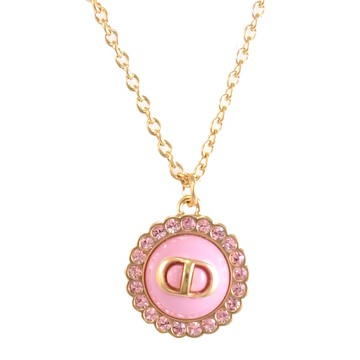 Christian Dior Petit CD 復古花邊水鑽吊墜鎖骨項鍊.金/粉紫