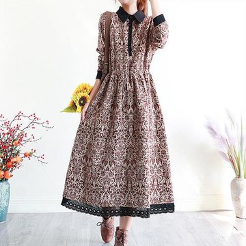 【韓國K.W.】現貨復古亞麻翻領蕾絲洋裝