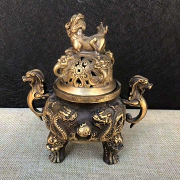 仿古純銅二龍戲珠熏香爐檀香爐銅雙龍天狗香爐客廳家居裝飾品擺設