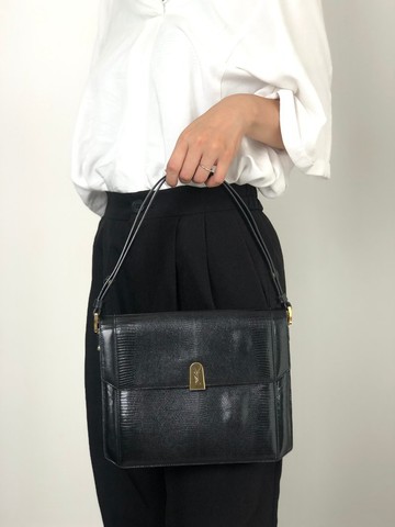【日本直送 名牌中古包】Yves Saint Laurent 側肩包 黑色 YSL 蜥蜴壓紋 單肩包 67eb7u