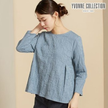 YVONNE 以旺傢飾 皺皺細格紋提花長袖上衣-暮光綠