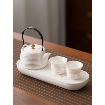 羊脂玉日式一壺二杯帶茶盤干泡陶瓷功夫茶具套裝家用酒店辦公高檔
