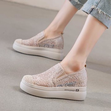 厚底漁夫鞋女一腳蹬2024新款夏季網紗透氣休閑復古內增高松糕女鞋