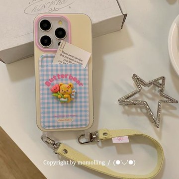 momolling丨韓系小眾新款可愛立體郁金香小熊藍色格紋卡包掛繩硅膠適用蘋果15promax/13手機殼iPhone14保護套