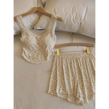 帶胸墊睡衣女夏季莫代爾背心短褲套裝四季新款小碎花純欲風家居服