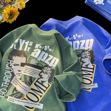 夏季薄款男士短袖t恤港風寬松蠟染五分袖上衣美式復古半袖體恤潮