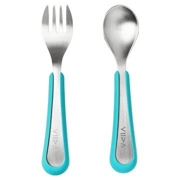 VIIDA Soufflé 抗菌不鏽鋼叉匙組 (S)  幼兒湯匙 + 叉子  湖水綠  1組