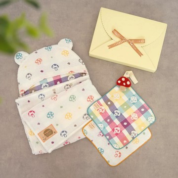 Hoppetta 蘑菇熊耳朵連帽浴巾手帕禮盒組