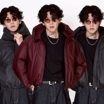 【短寬Boxy】立領連帽廓型夾棉PU皮外套