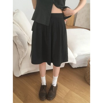 Codibook｜韓國 wonderwonder 優雅蝴蝶結打褶黑色中長裙［預購］裙子 傘狀裙 女裝