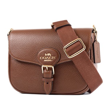 COACH Ameila 鵝卵石皮革翻蓋磁釦斜背包-咖啡色