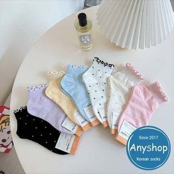 Anyshop韓國襪 花邊點點短襪 荷葉邊 中筒襪 素色襪子 點點襪子 短襪 韓襪 韓國襪 韓國襪子 木耳邊 05603