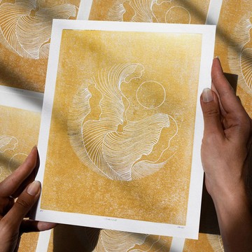 金色抽象海浪線條風景木刻版畫 極簡漢普頓藝術