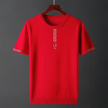 早春毛衣針織衫中國紅短袖T恤上衣男大紅色大碼寬松半袖本命年