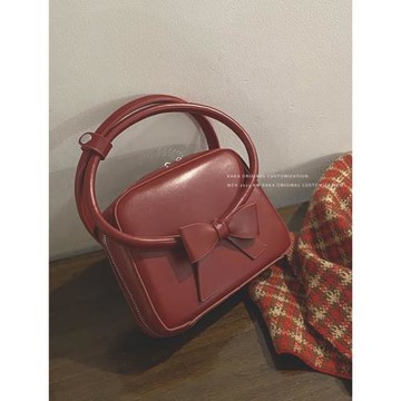 手提紅色包包女2023新款潮甜美時尚蝴蝶結小方包百搭單肩斜挎包