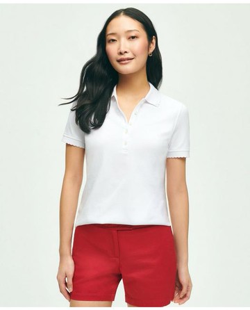 Brooks Brothers Women's Cotton Blend Scalloped Pique Polo Shirt | White | Size Medium