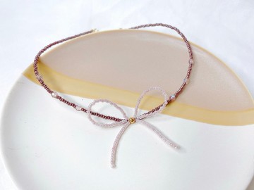 粉色蝴蝶結 日系串珠項鍊 頸鏈 鎖骨鏈