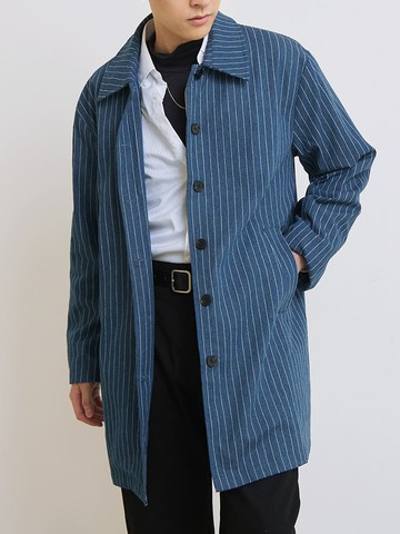 率性水洗牛仔條紋長版外套