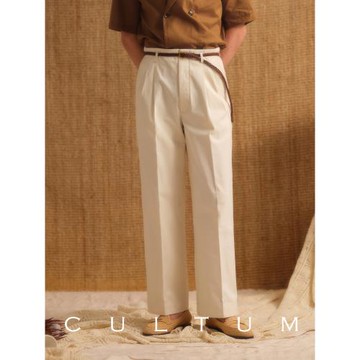 【水洗純棉質感】 CULTUM雙褶直筒西褲男休閑復古好萊塢褲西裝褲