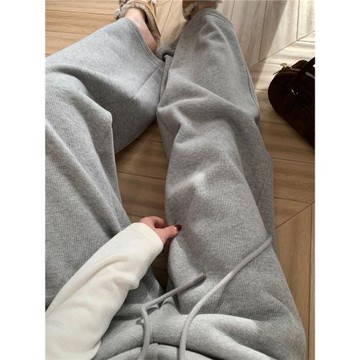 阿一 480g密密絨 好版型休閑直筒褲女秋冬寬松闊腿褲加絨灰色衛褲