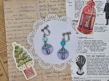 原創耳飾 福音雲彩 十字架 淡彩漸層 手作 樹脂 特色 夾式 耳環