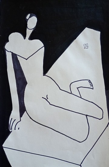 坐在講台上的裸女畫現代風格，黑白藝術畫