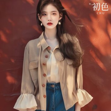 初色 韓系拼接寬鬆顯瘦翻領荷葉長袖風衣外套-卡其色-37310(M-2XL可選)