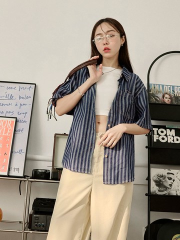 純棉條紋單口袋短袖襯衫上衣