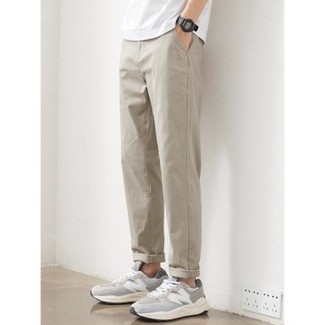 hansca卡其色純棉休閑褲男夏季薄款透氣韓版彈力錐形直筒長褲子男